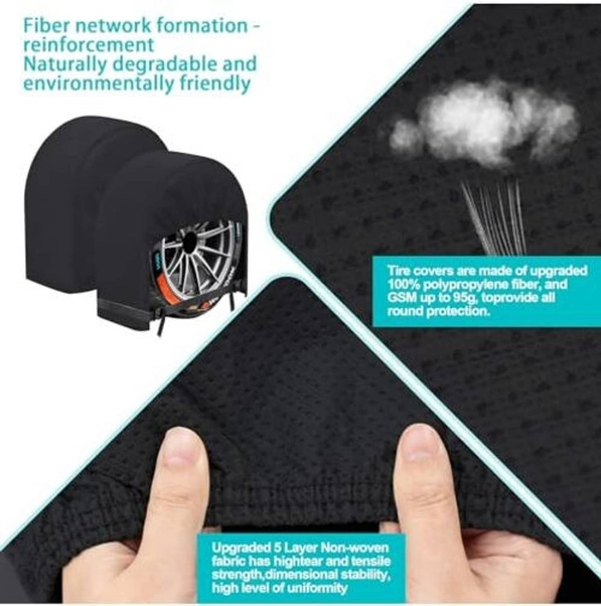 Black RV tire cover close-up with reinforced fiber network, plus hands adjusting