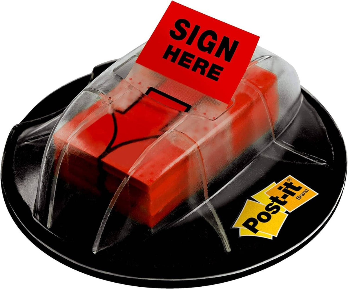 "Sign Here" desktop sticky note dispenser, red note stacks in clear cover on black base