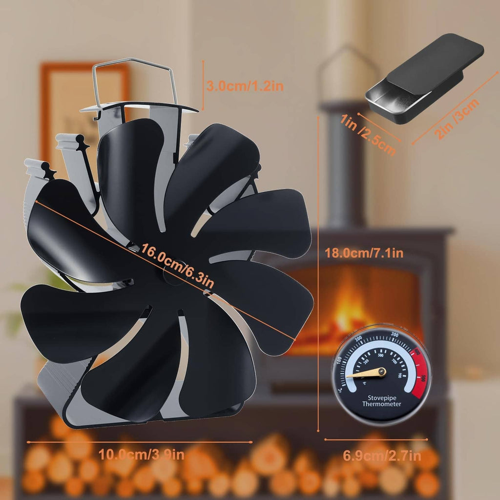 Black heat-powered stove fan with 8 blades and thermometer gauge, with size indicators