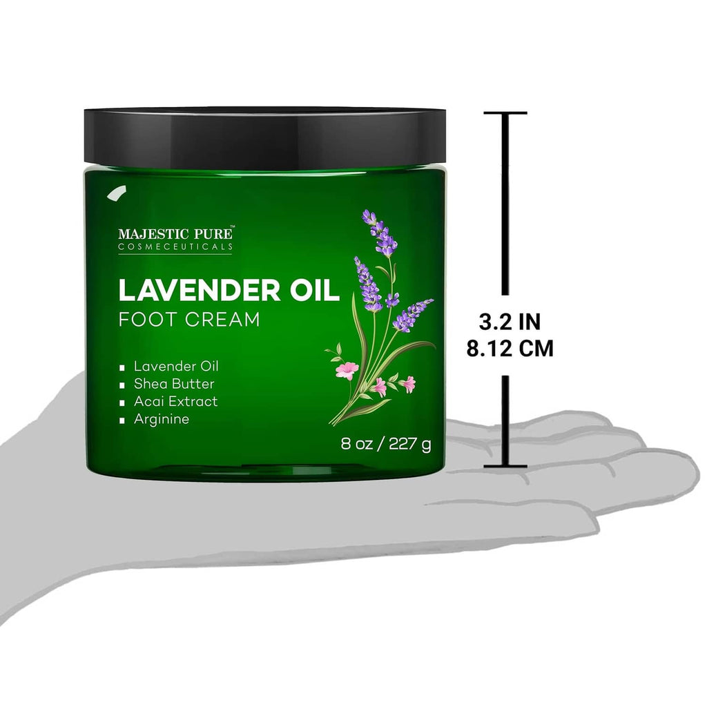 Majestic Pure lavender oil foot cream jar with 3.2 in height marker, green 8 oz.
