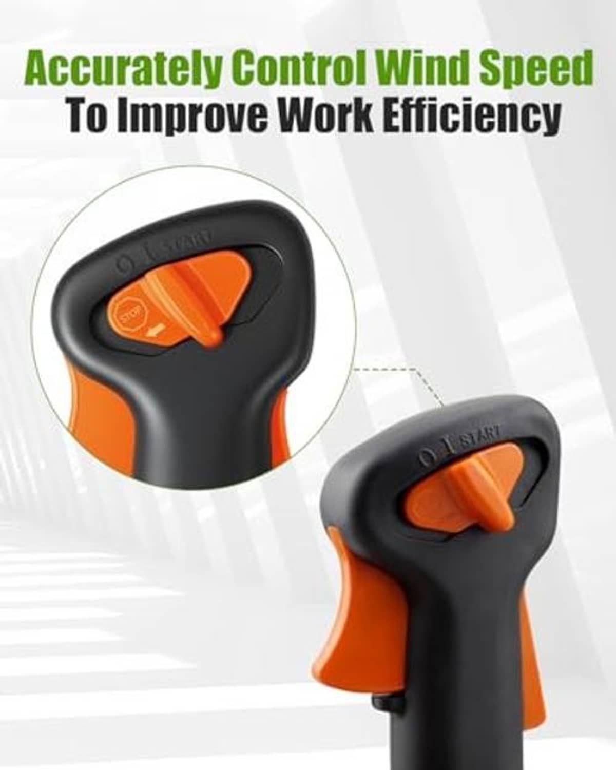 Throttle control handle assembly with black body and orange trigger, two close-up views