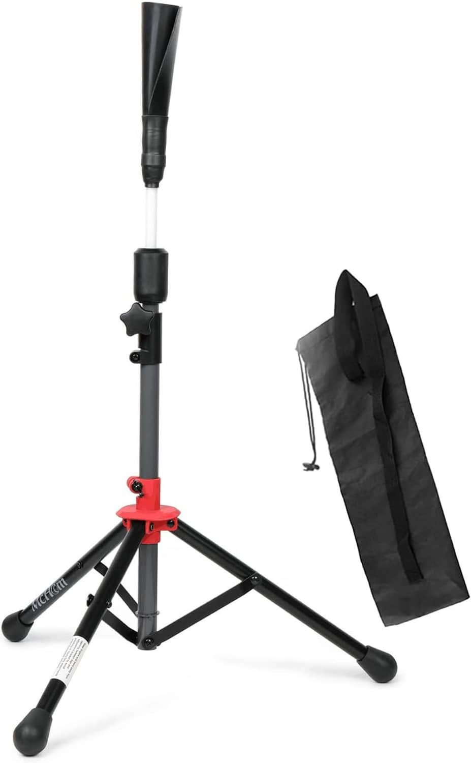 Portable adjustable baseball batting tee stand with tripod legs and black drawstring bag