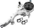 Engine water pump assembly with black pulley and thermostat housing, includes gaskets