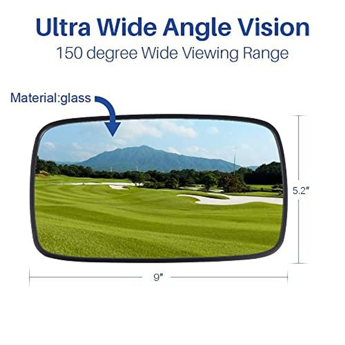 Ultra-wide angle panoramic rear-view mirror, dark frame and rounded glass panel