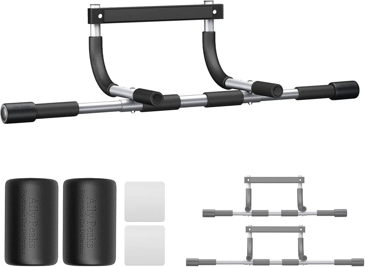 Doorway pull-up bar with padded side supports, foam handles, and adjustable brackets
