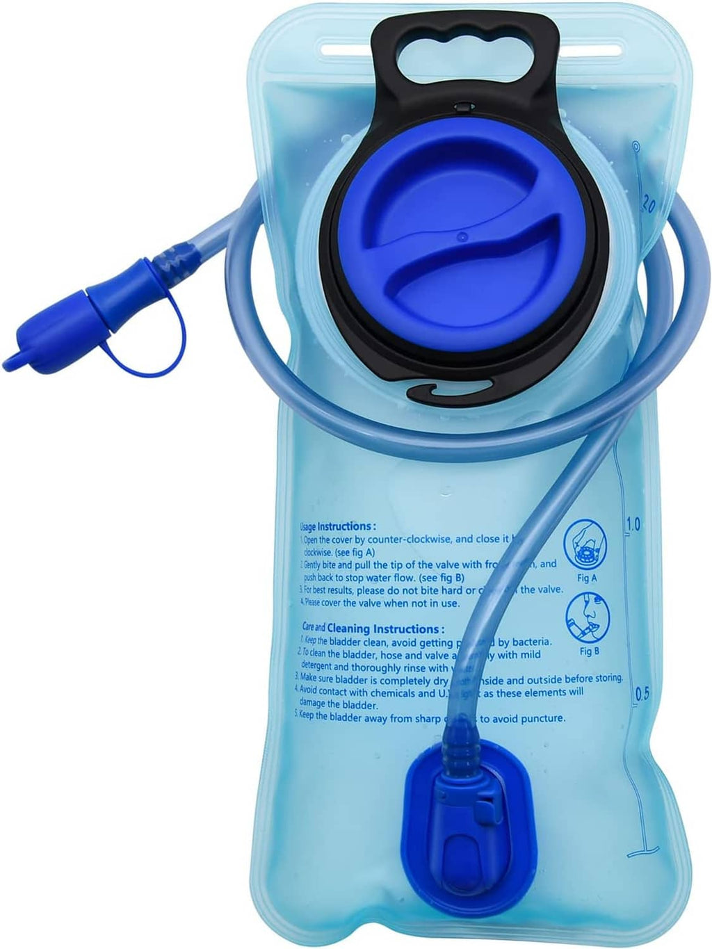 Blue hydration bladder with wide opening, black cap, and attached drinking tube