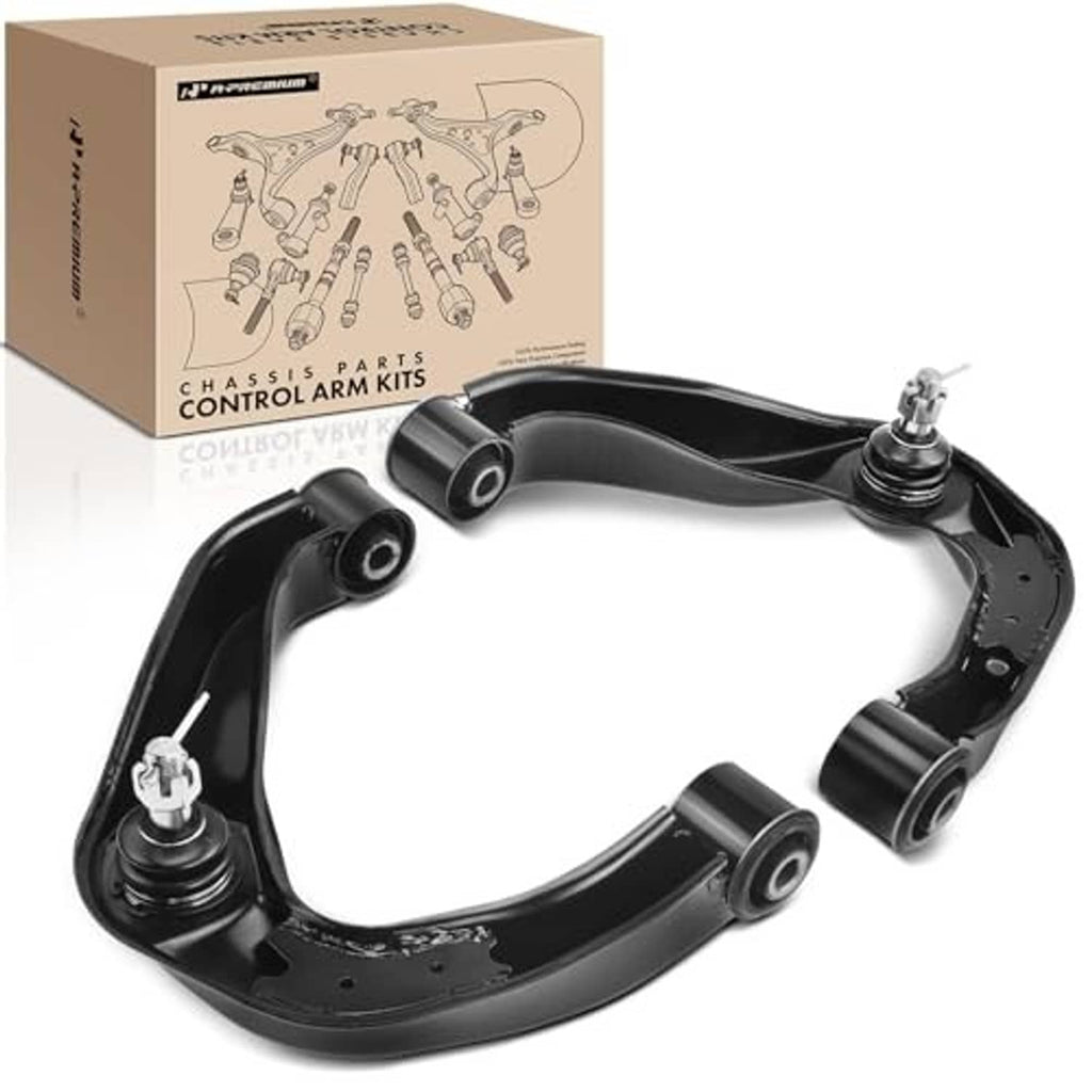Two black front upper control arms with ball joints and rubber bushings, mounting brackets