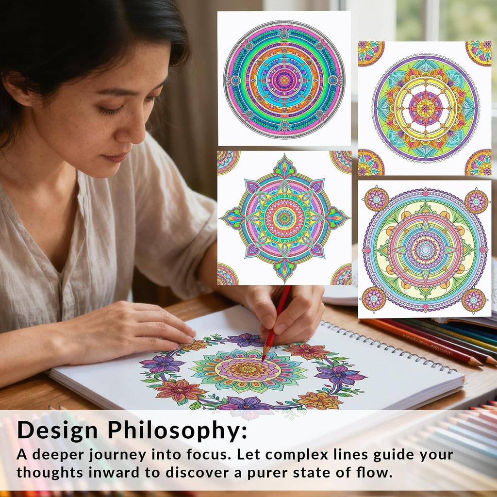 Open adult mandala coloring book with colorful flower mandala page and marker