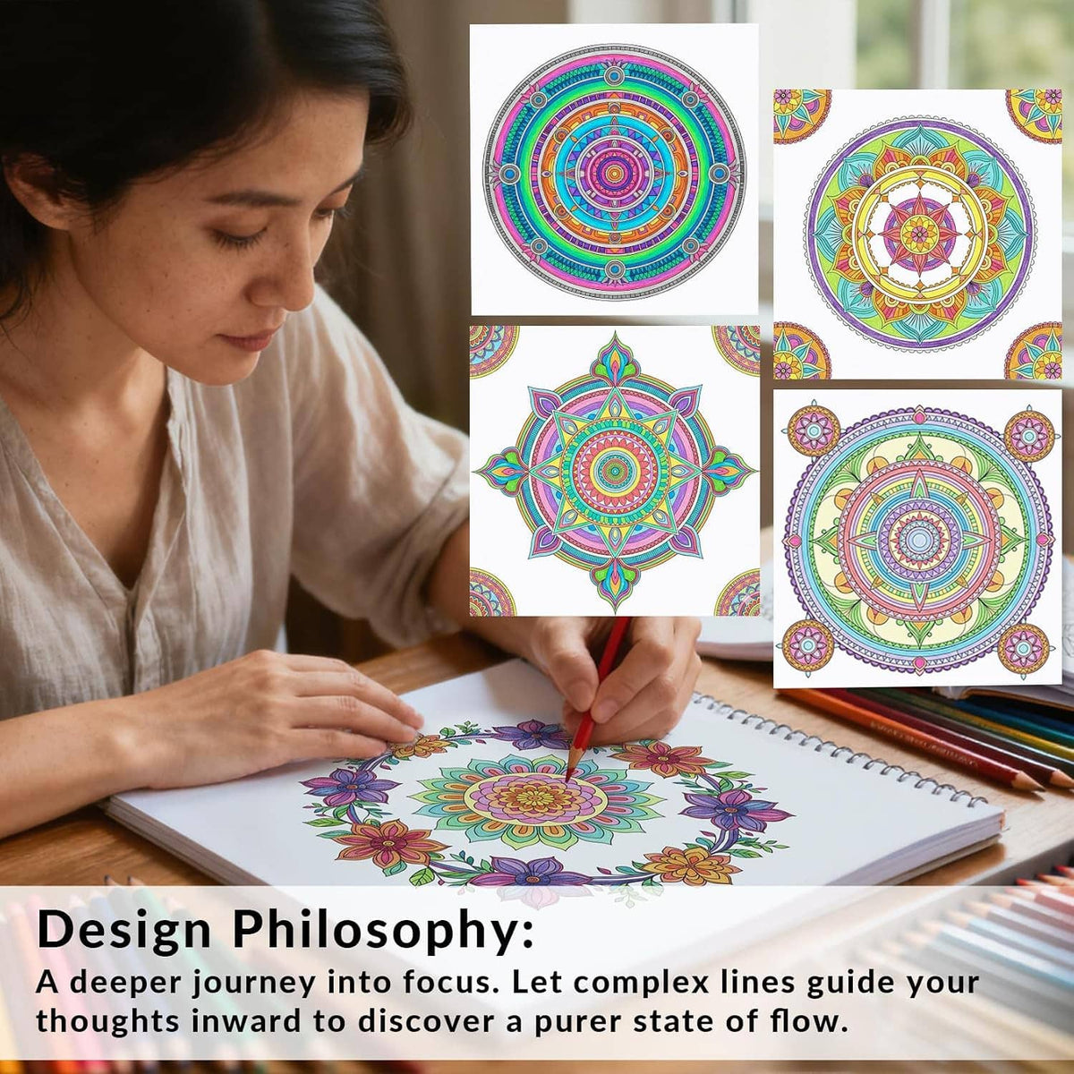 Open adult mandala coloring book with colorful flower mandala page and marker