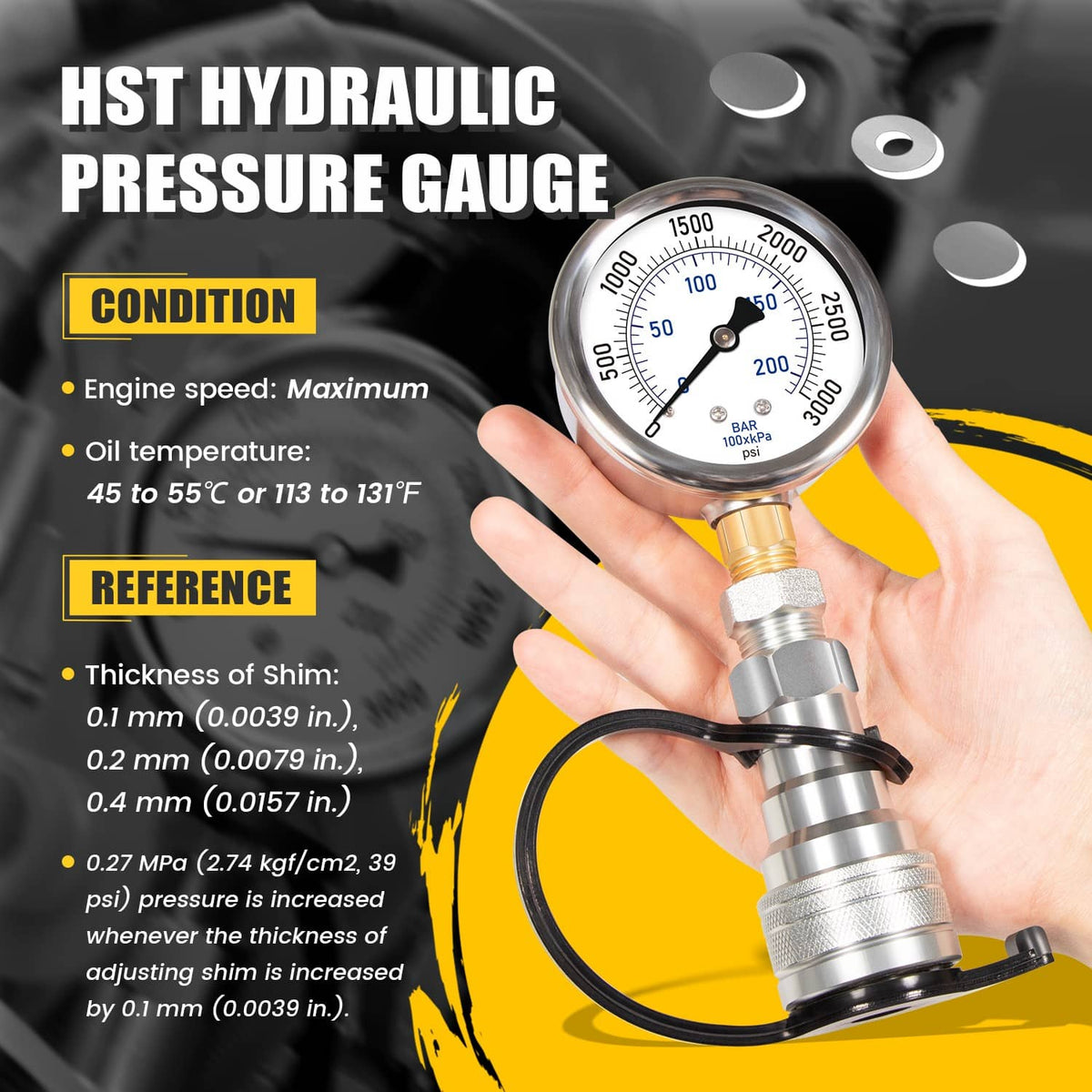 Hydraulic pressure gauge kit with dial, threaded fitting, and black hose loop