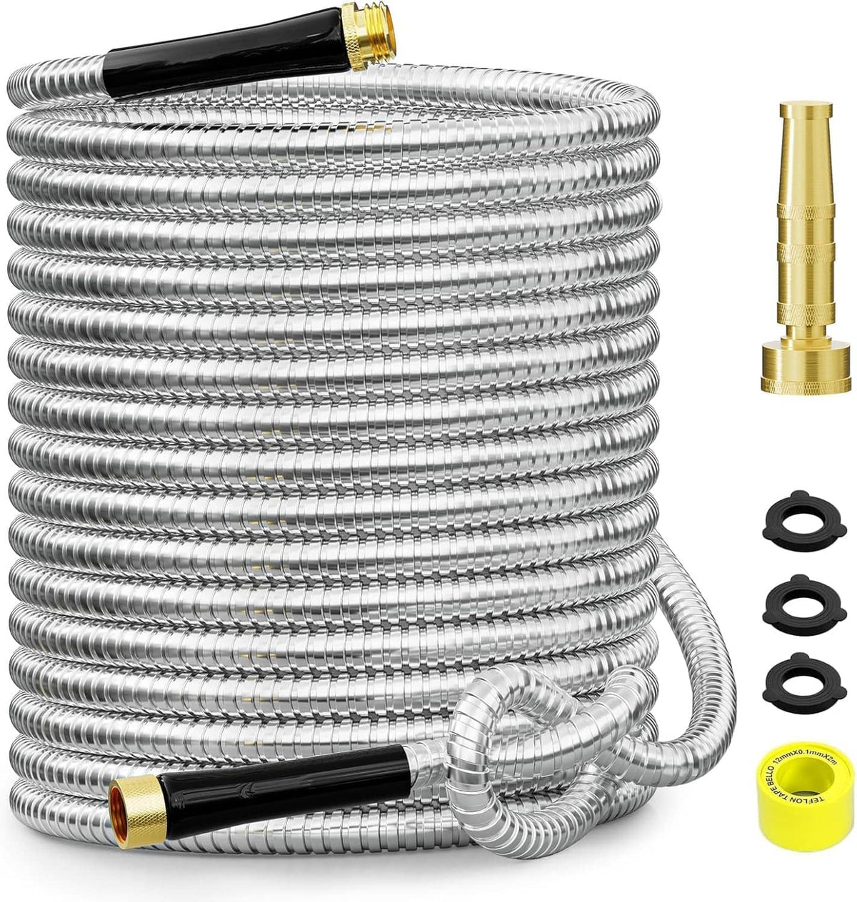 Coiled stainless steel garden hose with brass connectors and black end fitting