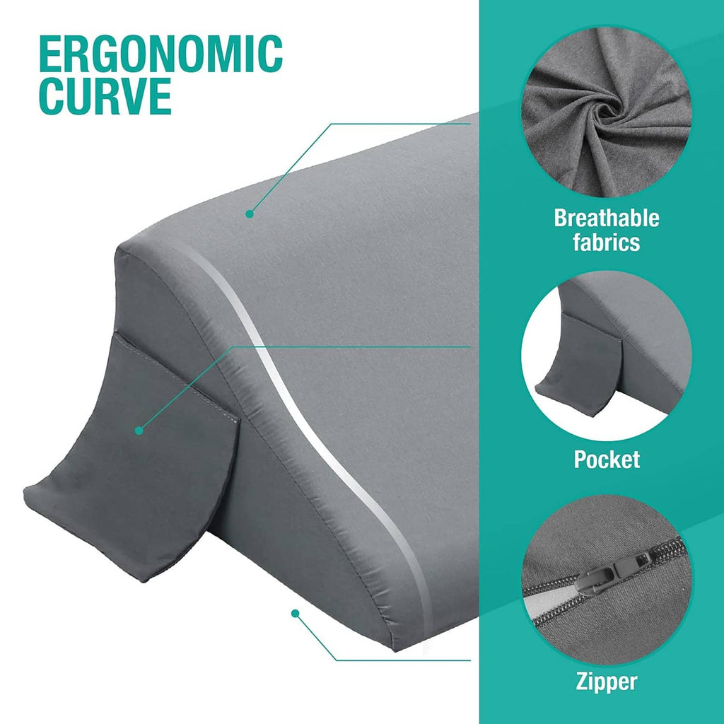 Gray bed wedge pillow with side pocket and zipper detail for storage.