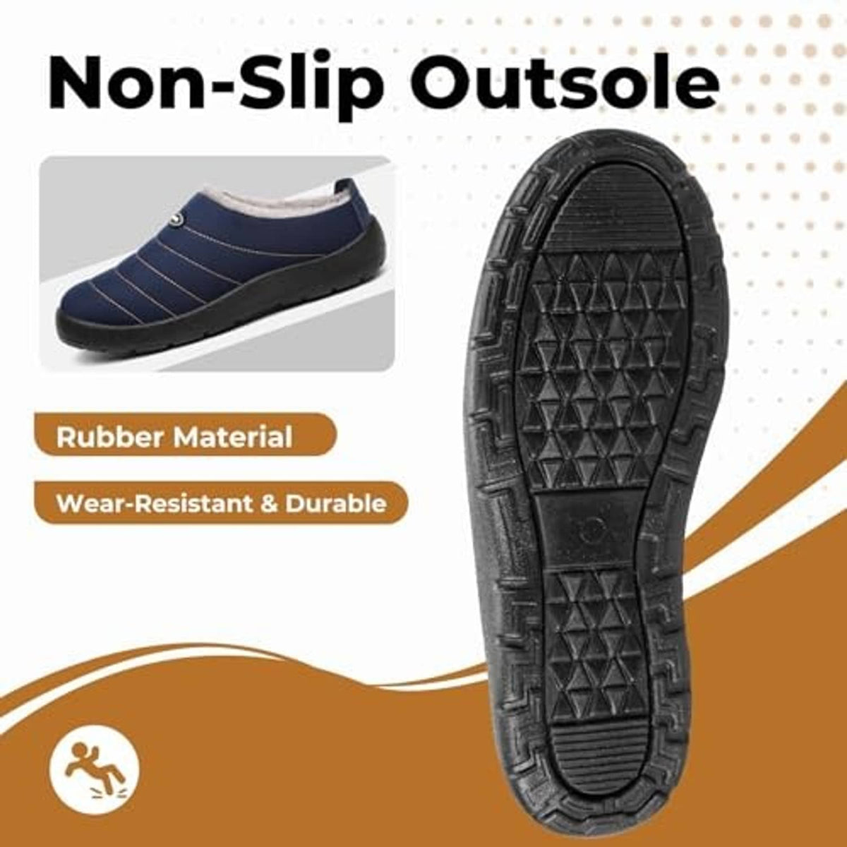 Bottom view of dark blue house slippers with textured non-slip rubber outsole