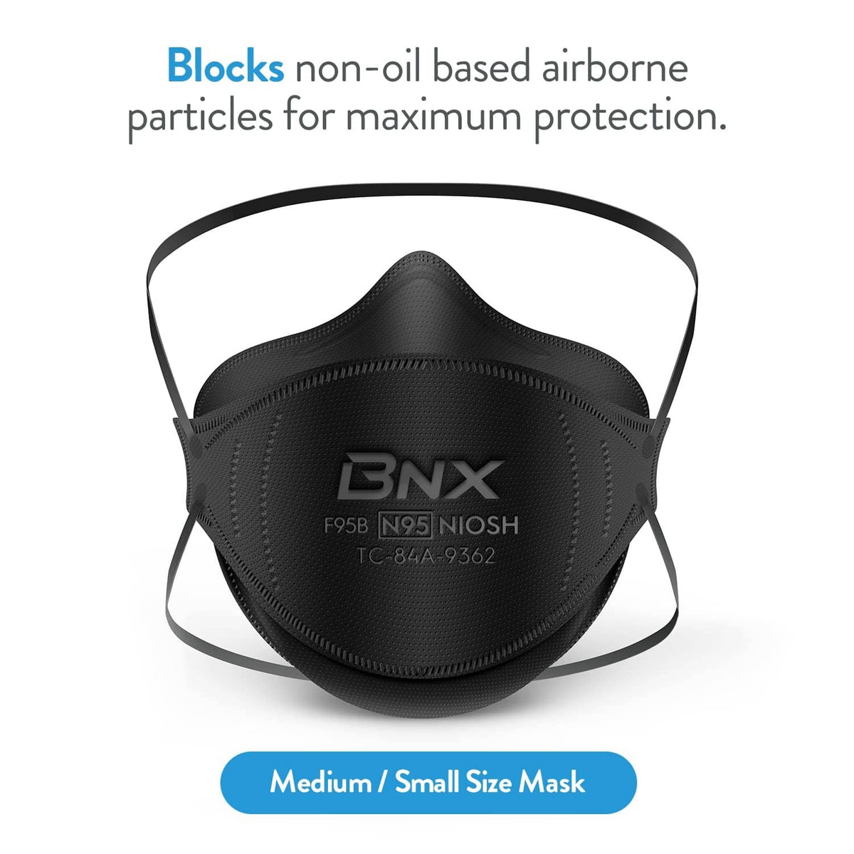 Black N95 respirator mask with dual side head straps, front view
