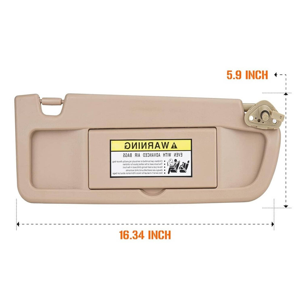 Beige sun visor with warning label, shown with overall size dimensions.