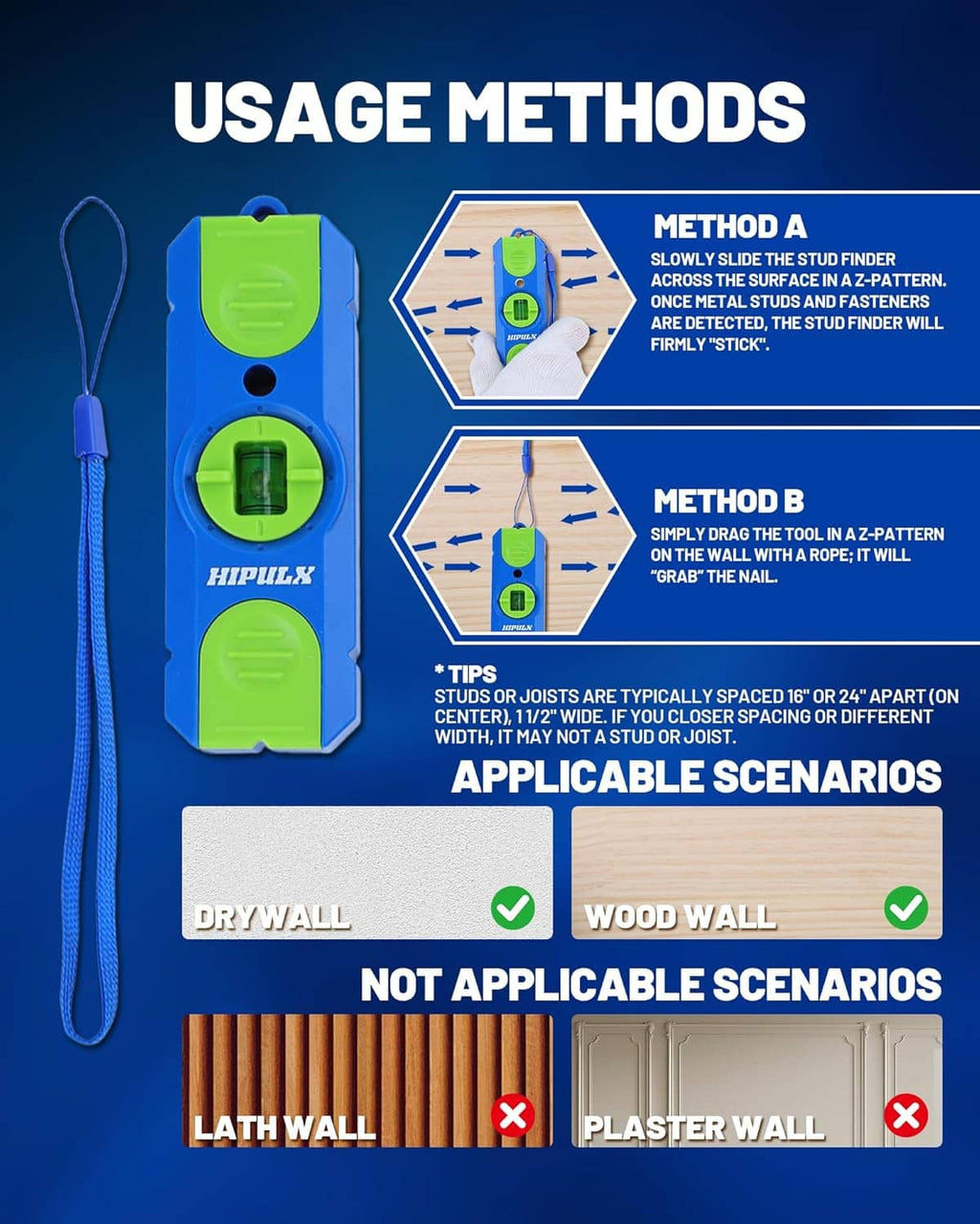 Blue and green stud finder with lanyard cord displayed in usage-methods graphic