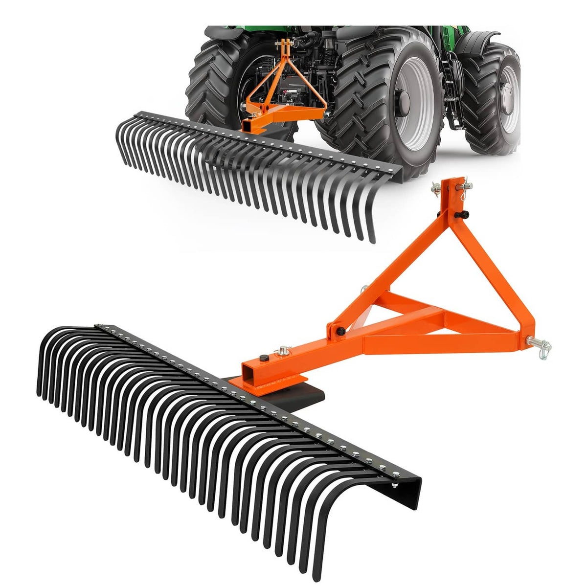 3-point tractor rock rake attachment with wide black tine rake bar and orange linkage frame