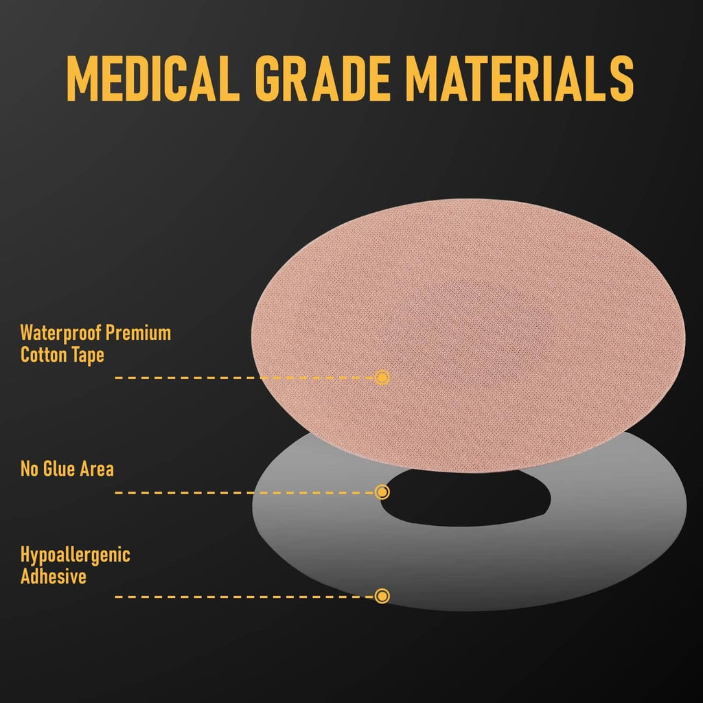 Round beige Dexcom G7 adhesive patch with breathable cotton-tape backing