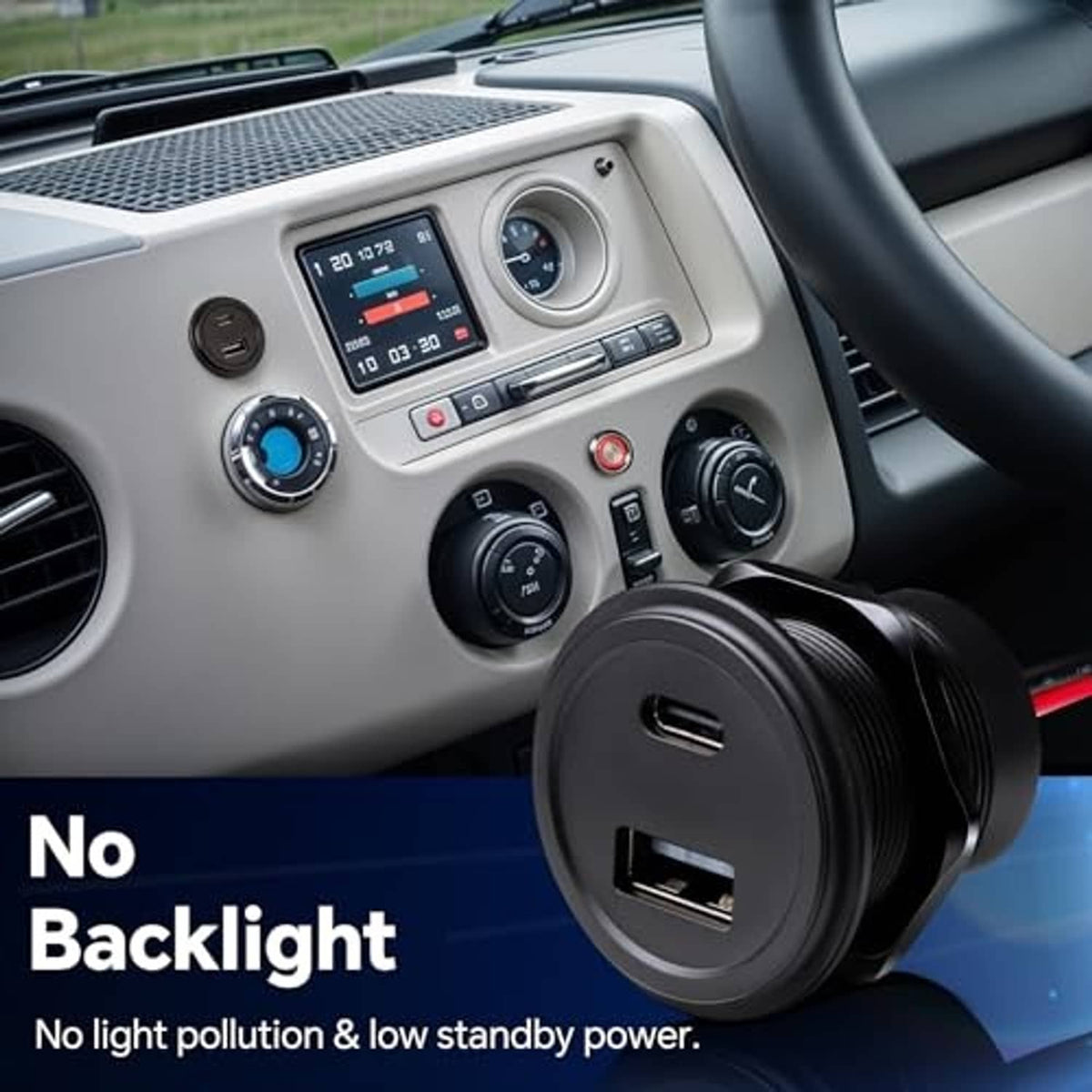 Black dual-port USB car charger plug inserted on vehicle dashboard console