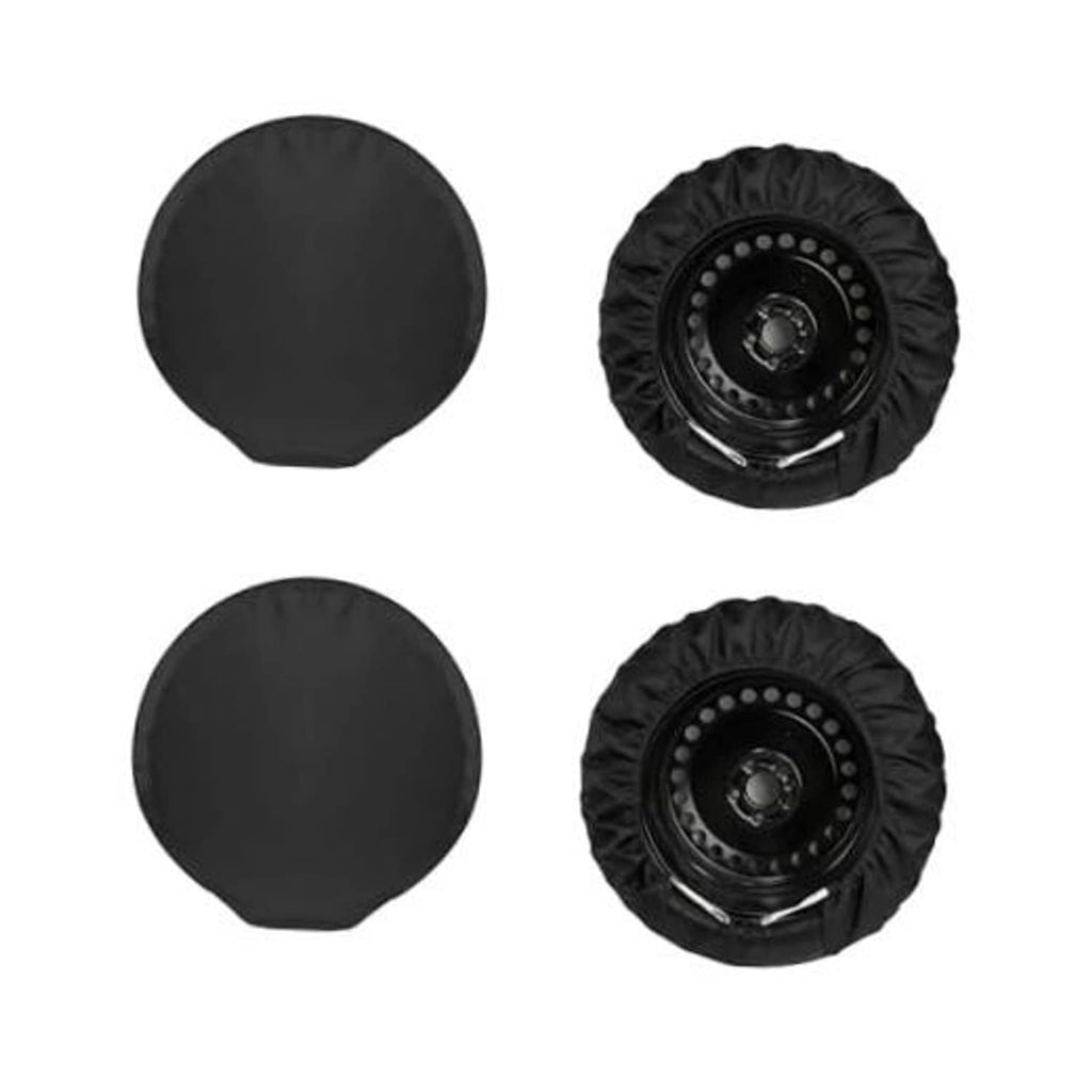 Black RV spare tire cover set with four round covers, front and rear views