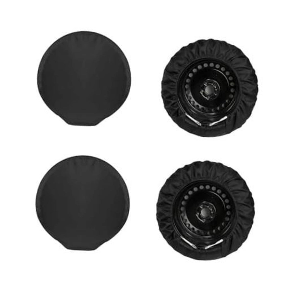 Black RV spare tire cover set with four round covers, front and rear views