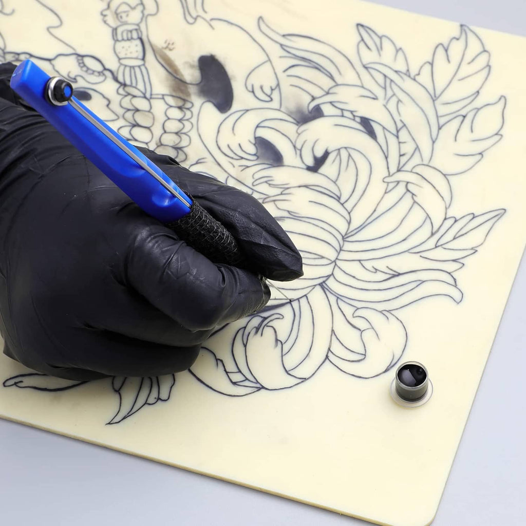 Tattoo poke-a-stick pen drawing stencil lines on stencil sheet with black-gloved hand