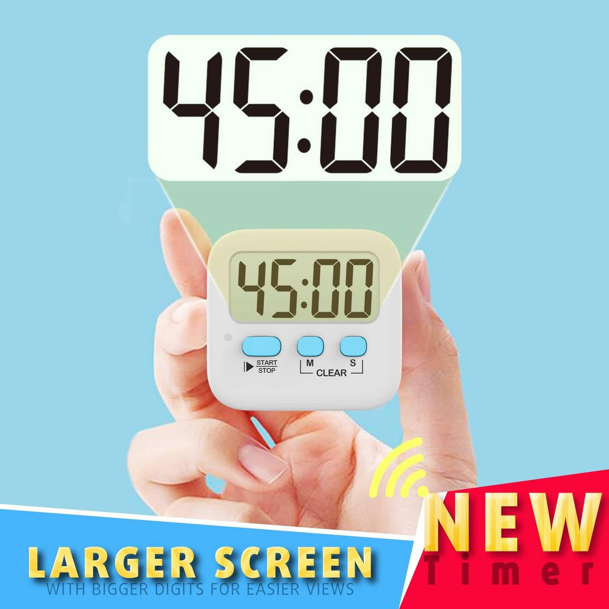 Small handheld digital countdown timer showing 45:00 with start/stop and clear buttons