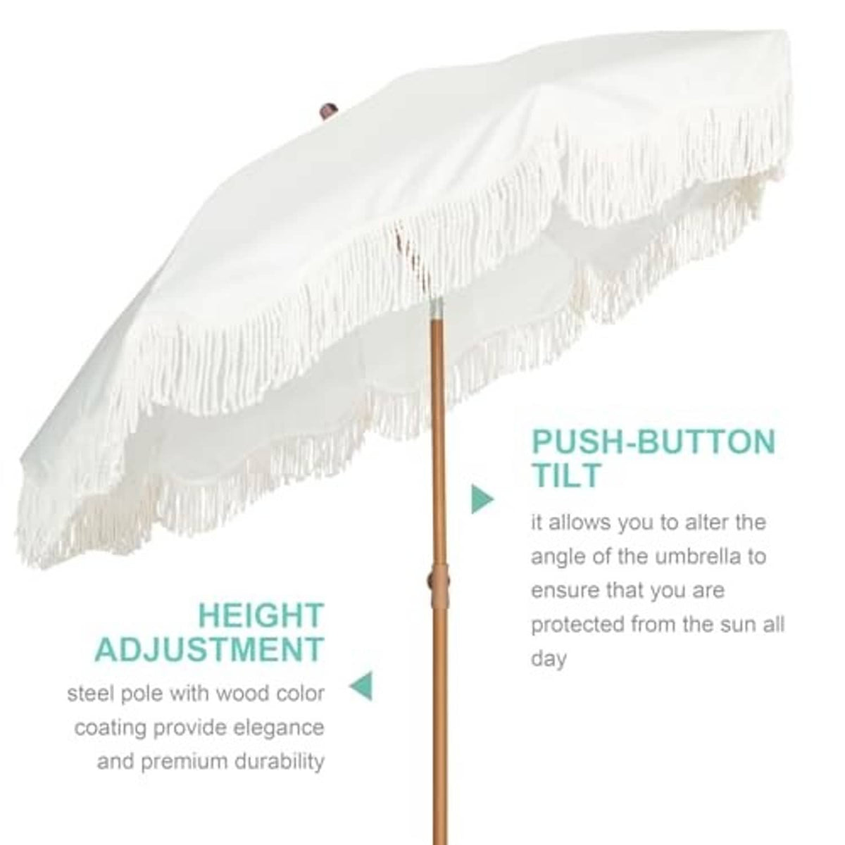 Outdoor patio umbrella with white fringe trim and wooden center pole, angled view.