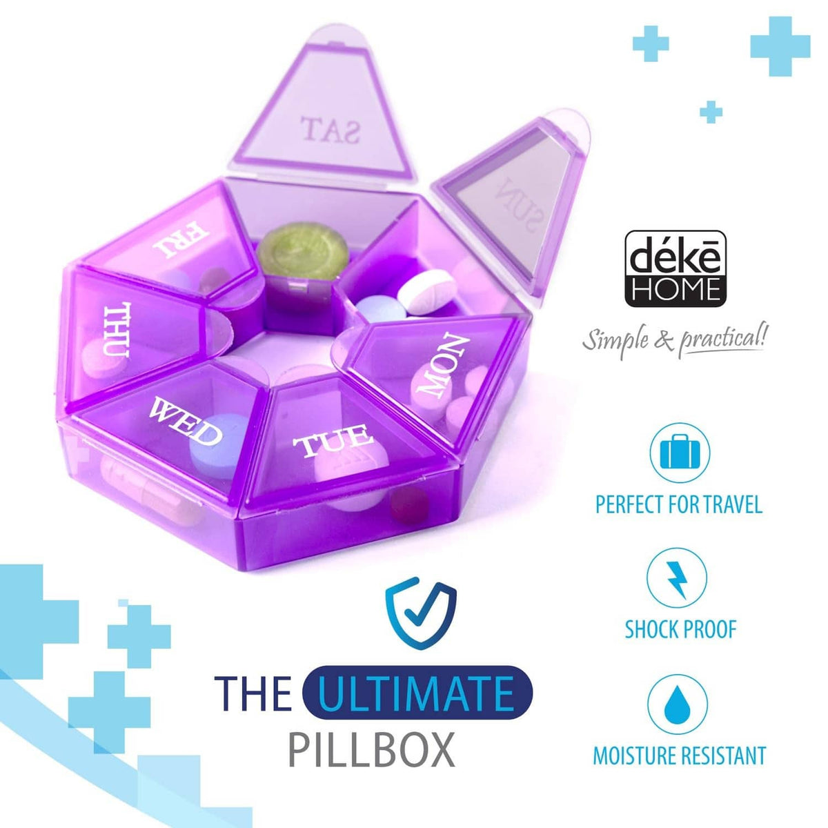 Purple round weekly pill organizer with 7 day-labeled compartments and clear snap lids