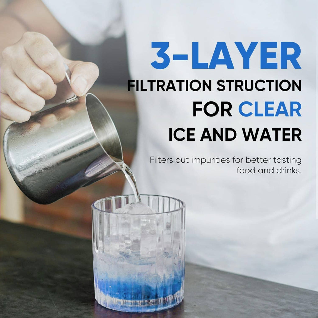3-layer filtration concept with water being poured from dispenser glass.