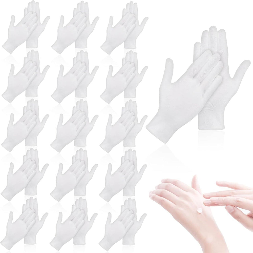 Assorted 36-pack white cotton sleep gloves, multiple pairs and one worn glove