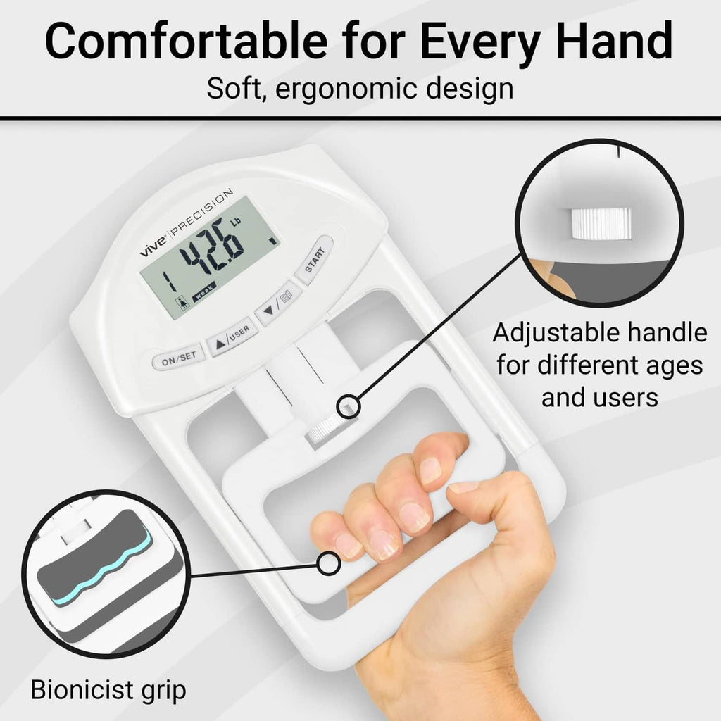White grip strength tester with adjustable handle and hand holding cradle