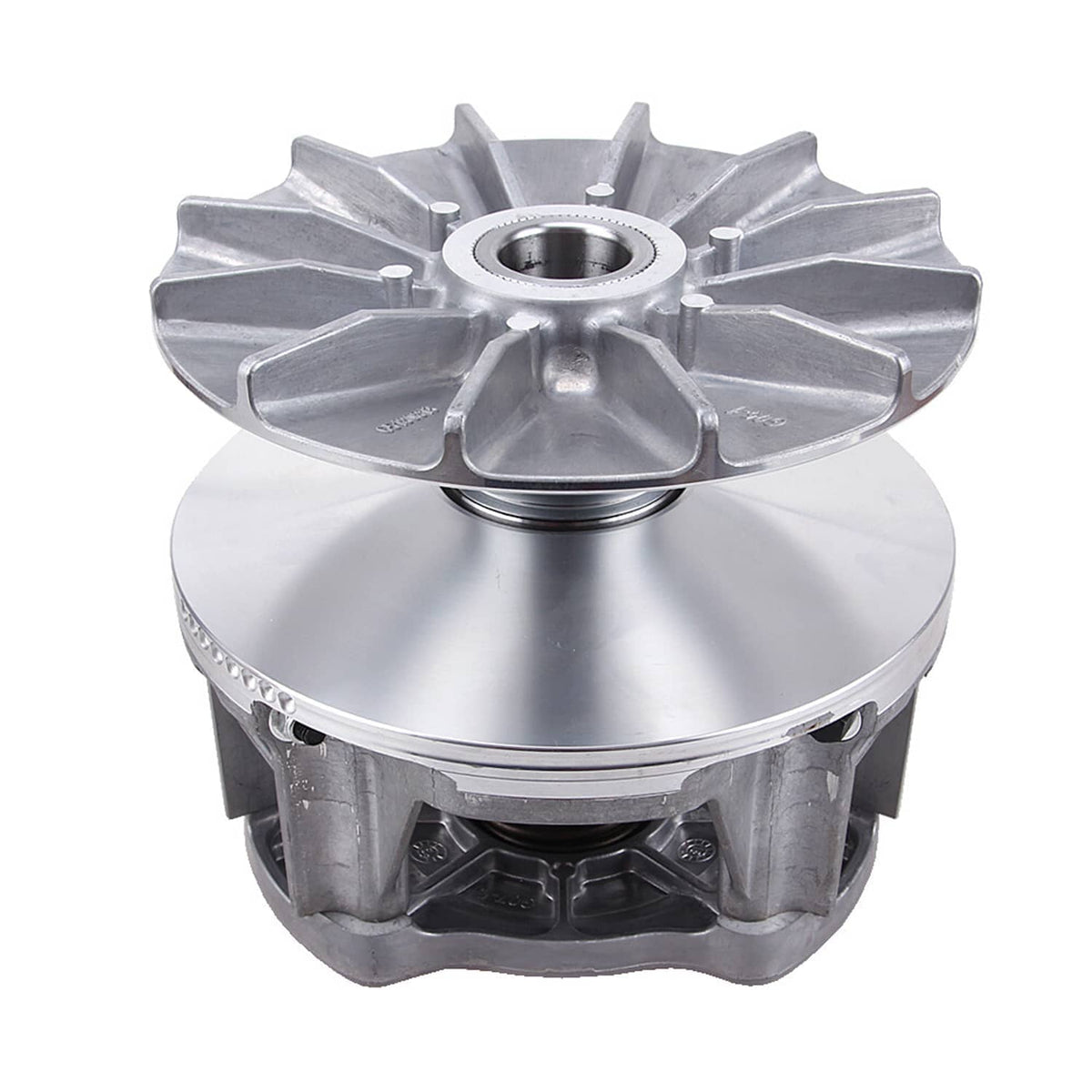 Metal drive clutch assembly with outer top plate and central bearing opening