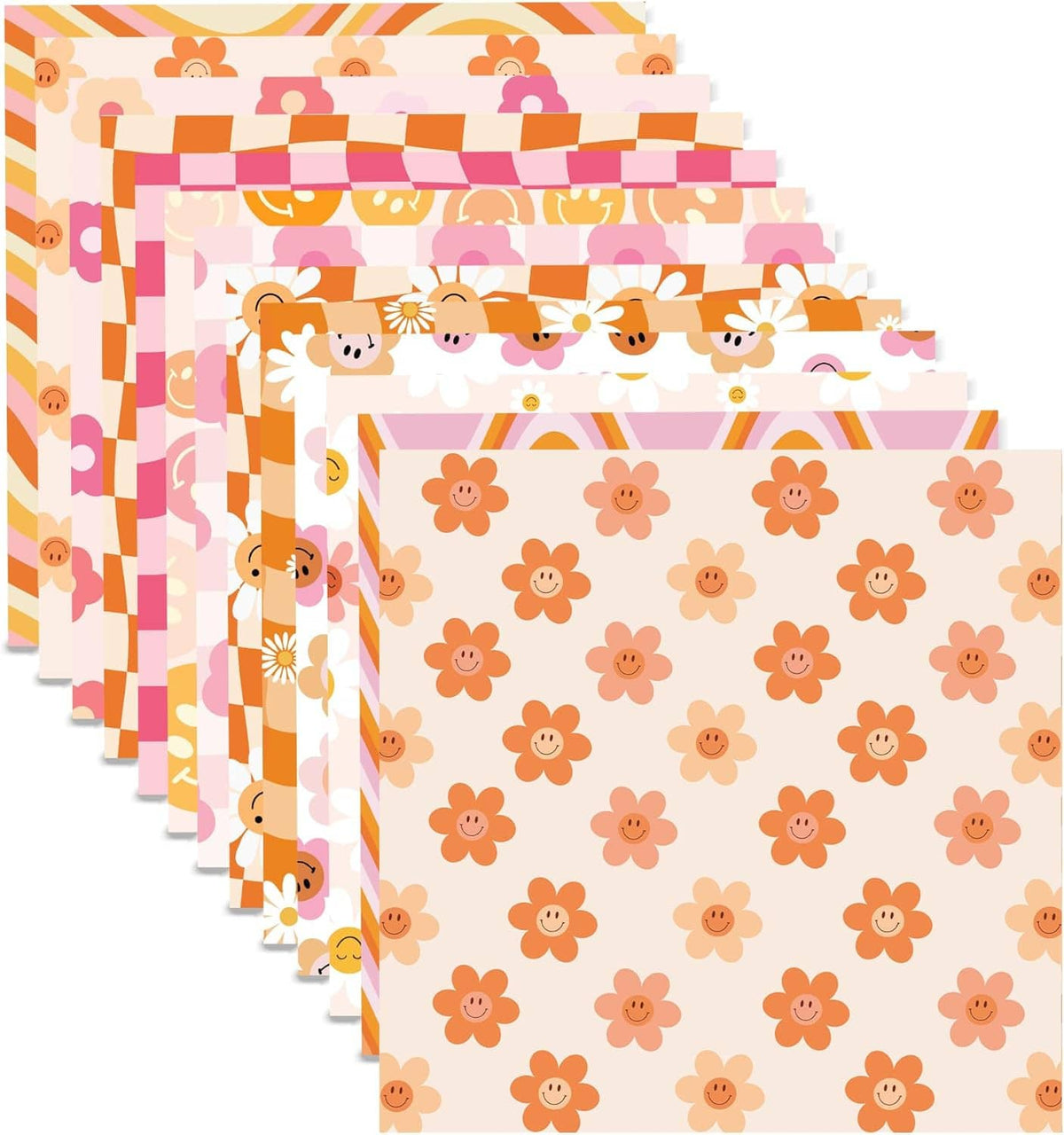 Scrapbook paper pad stack with orange flower-face pattern, rainbow stripes, and check tiles