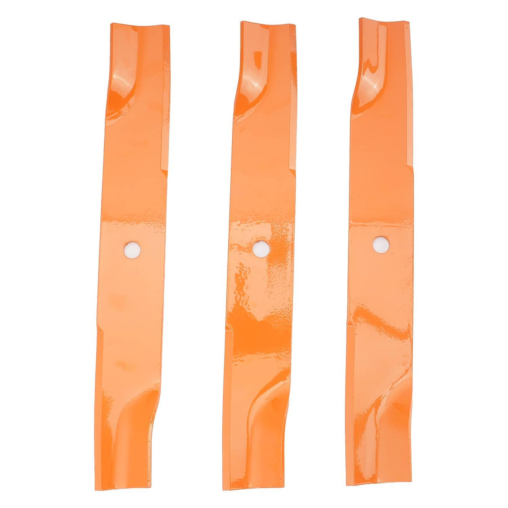 Three orange mower deck blades with mounting holes, upright view