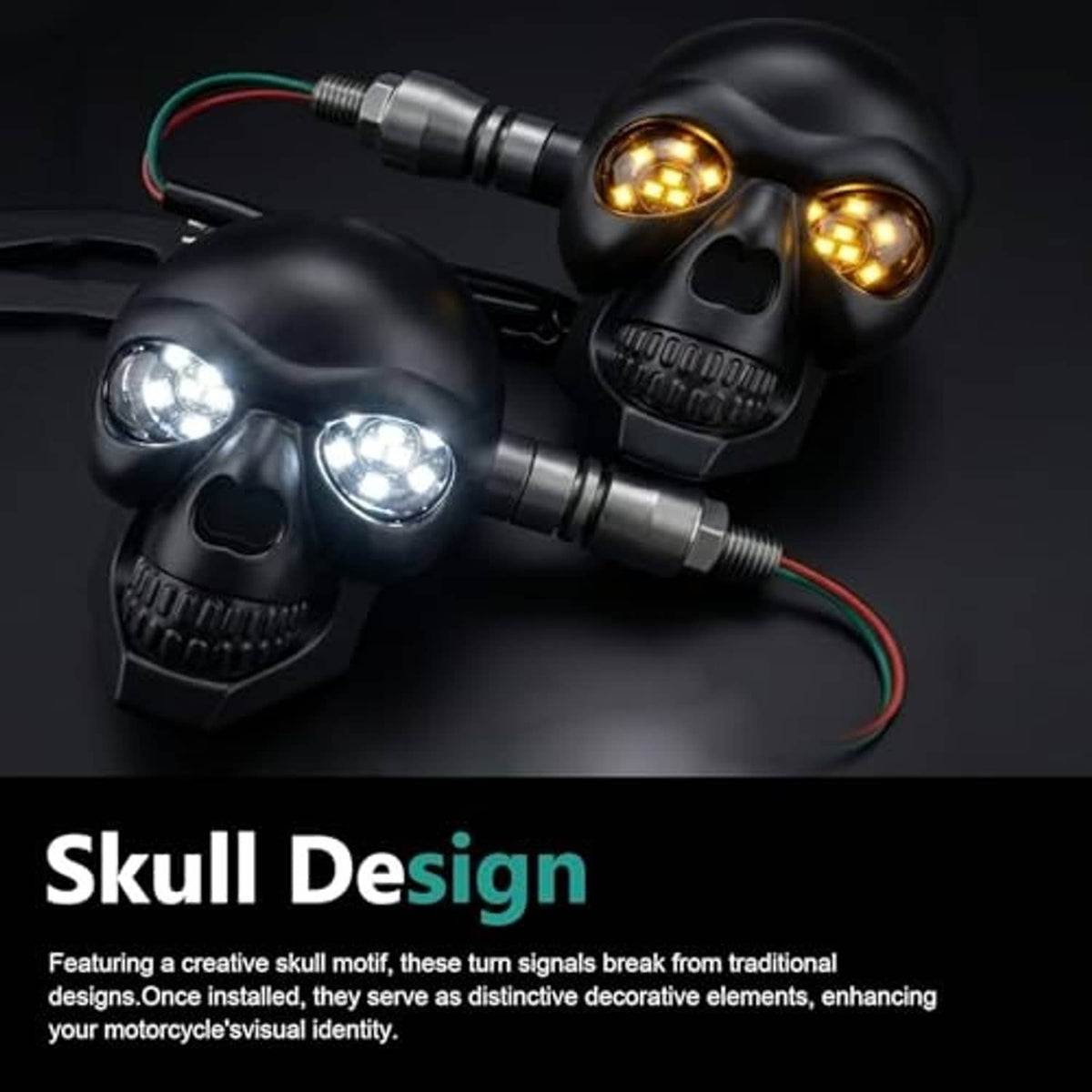 Black skull motorcycle LED turn signal lights with amber glowing lenses and red-green wiring