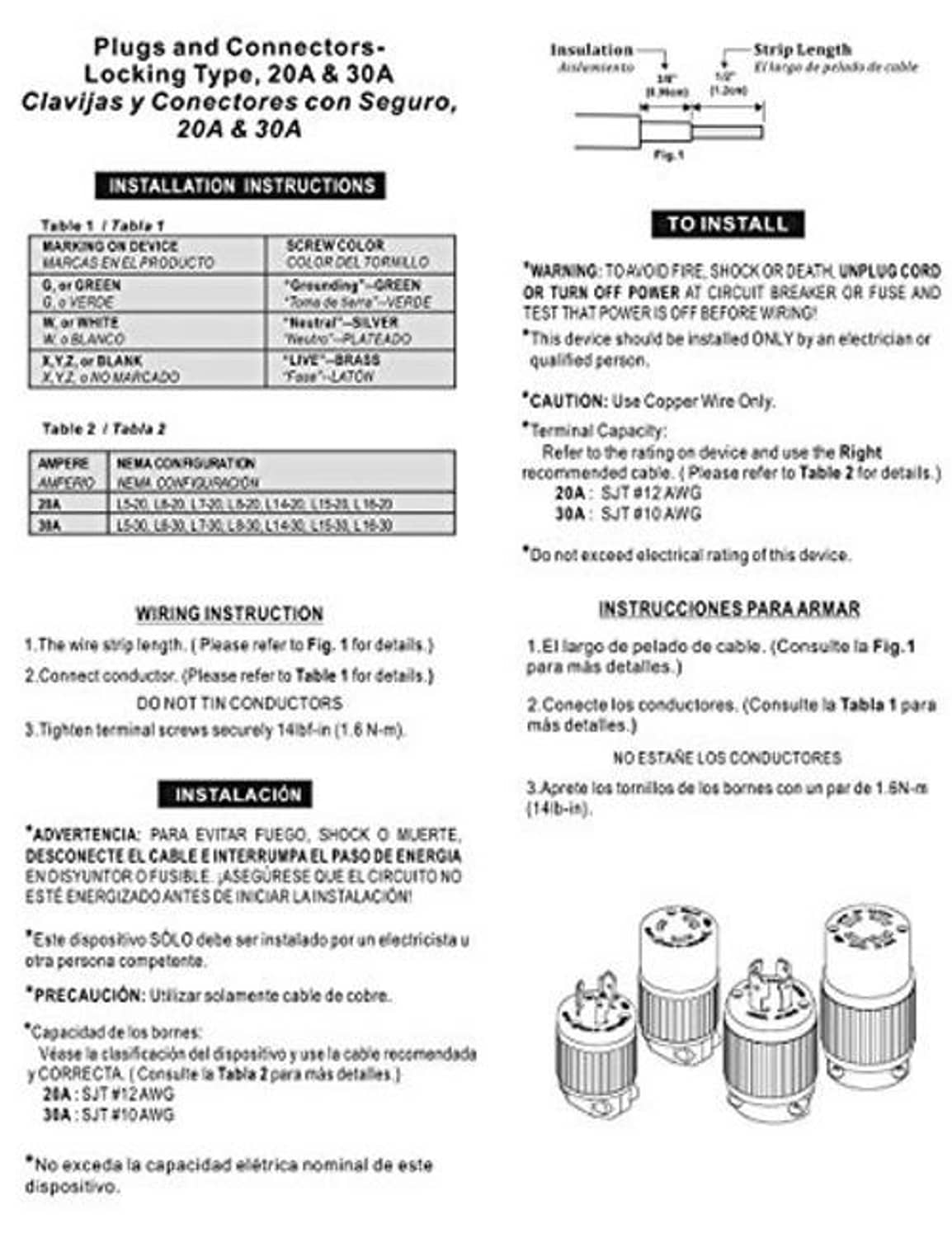 Installation instructions page with wiring table and safety warnings for twist-lock plug