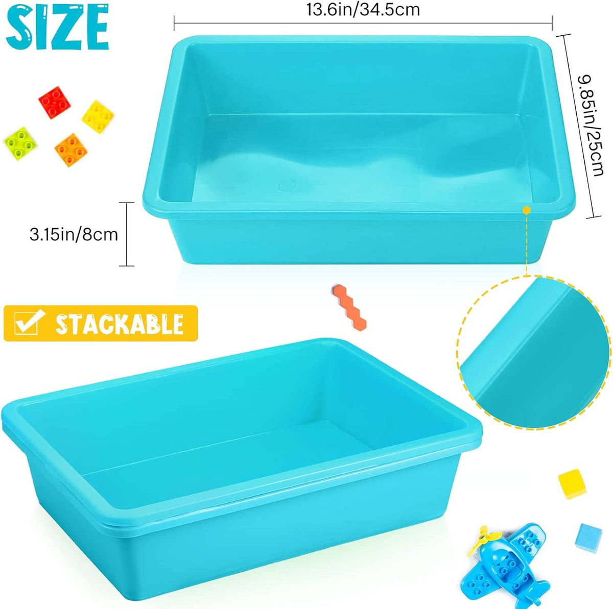 Teal letter-size flat storage tray bin, stackable design with open rectangular interior