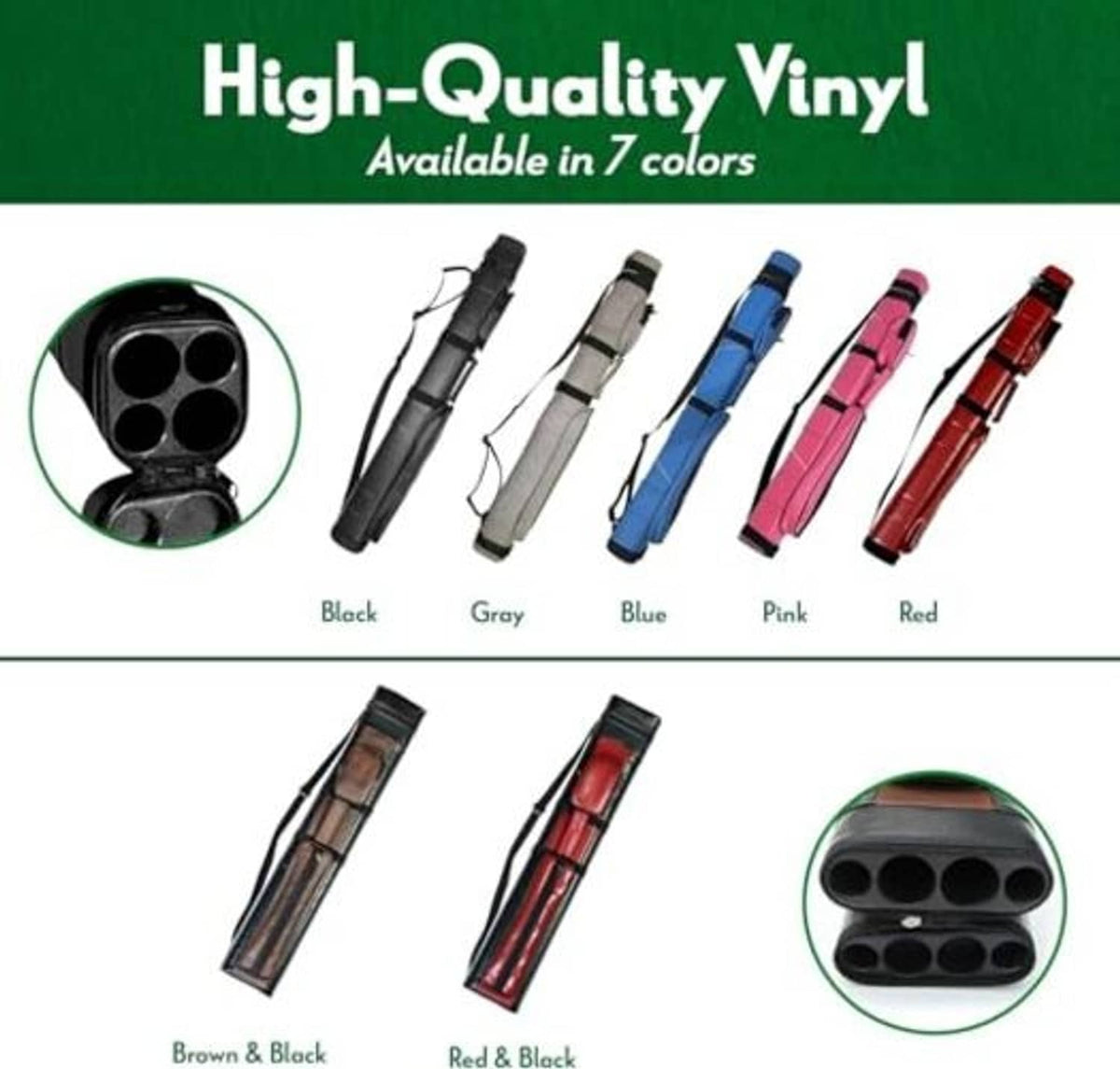 Vinyl hard pool cue carrying case available in multiple colors, with divider slots