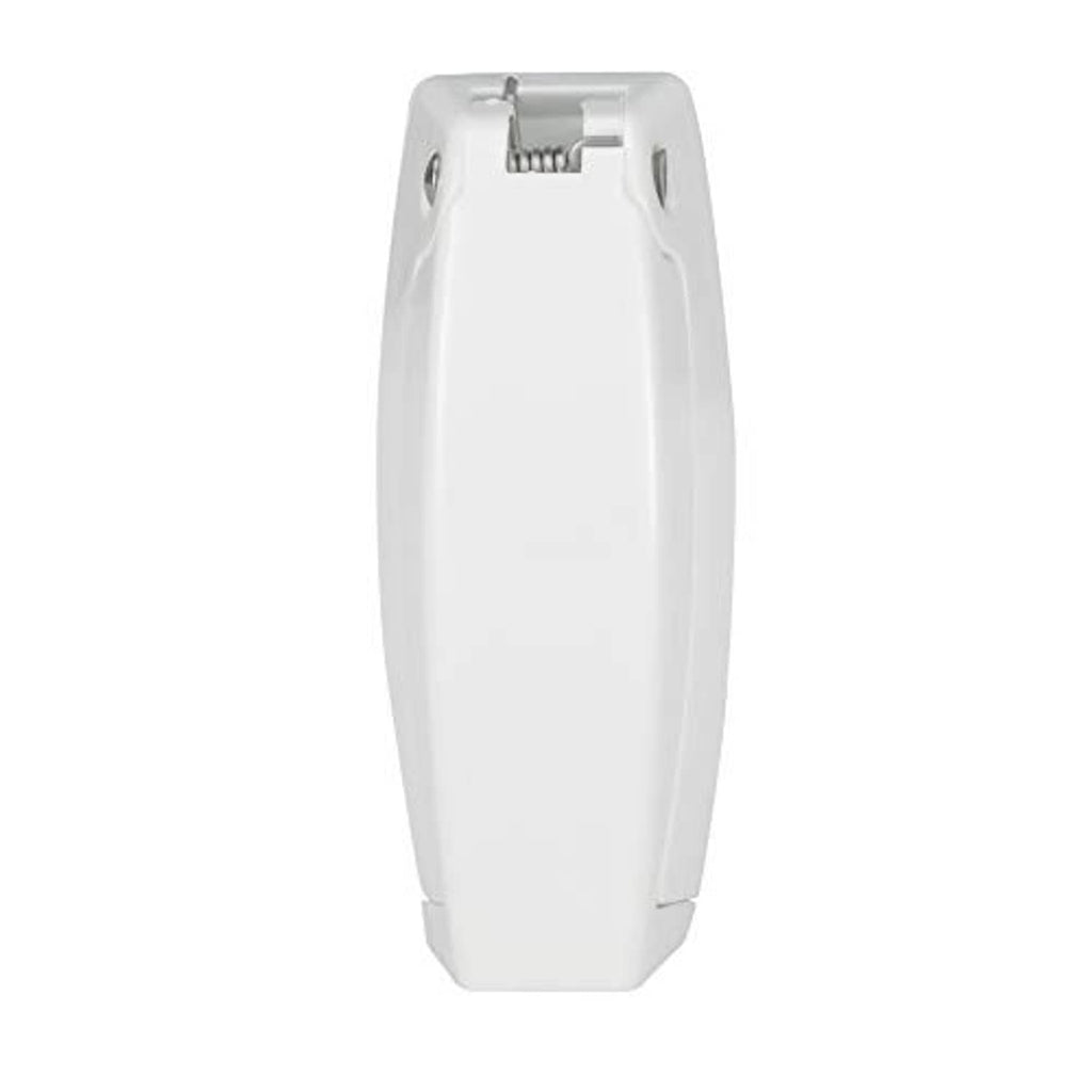 White rounded baggage door catch latch clip, rear view with two screw holes