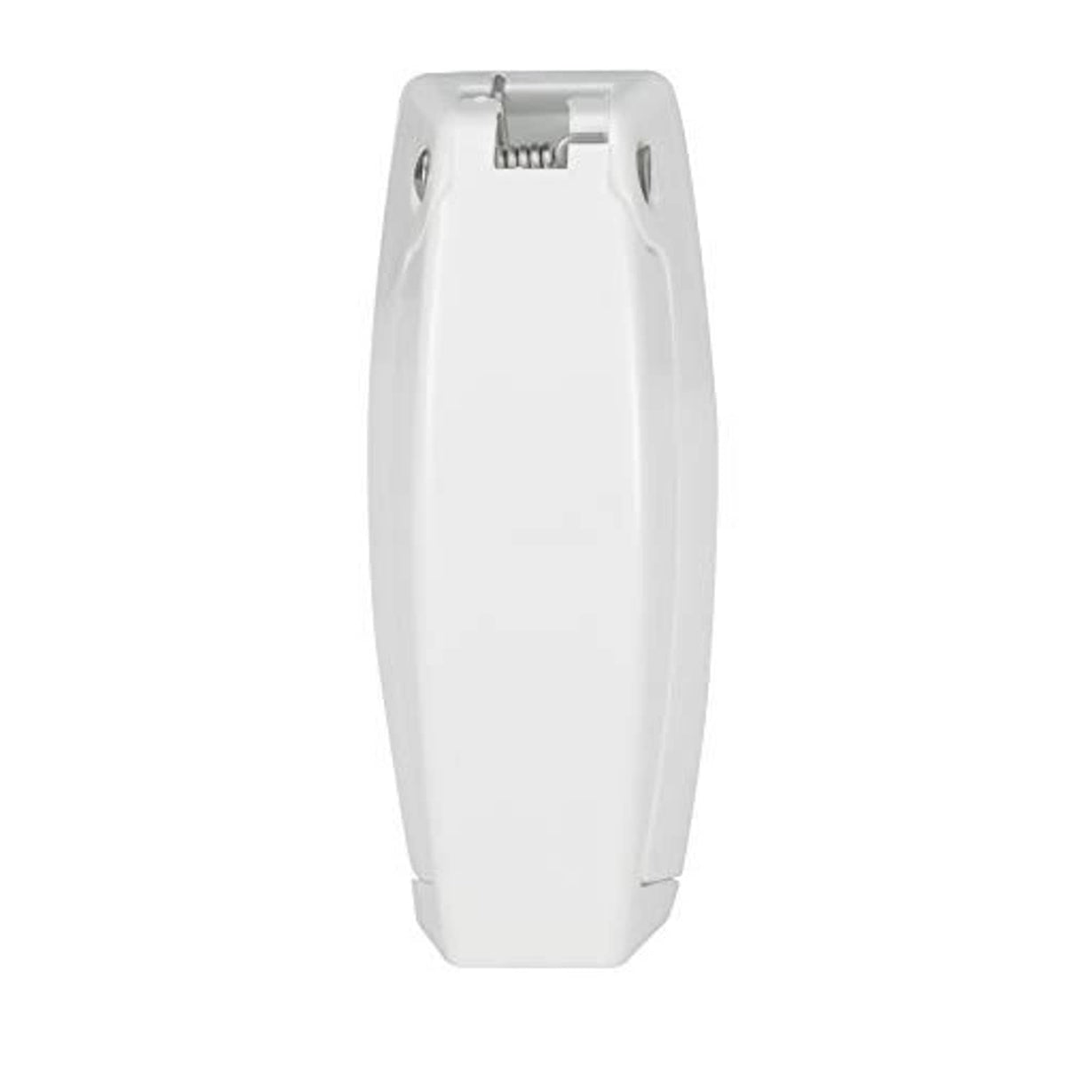 White rounded baggage door catch latch clip, rear view with two screw holes