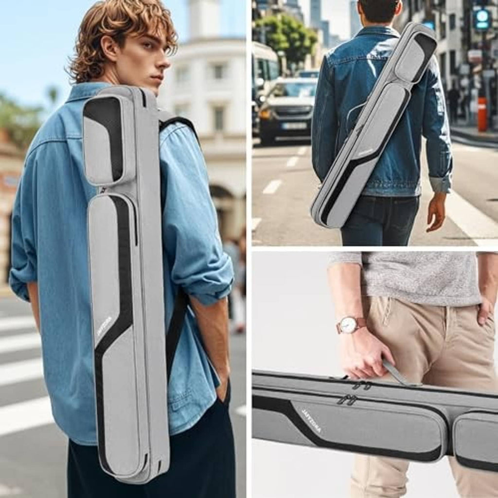Grey pool cue case with shoulder strap worn on back, black-trimmed end window