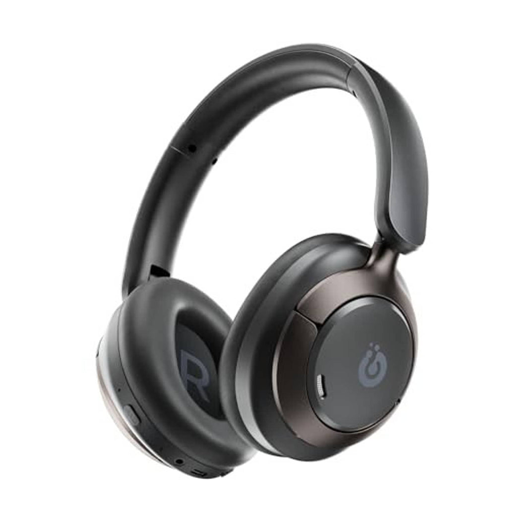 Black over-ear headphones with side control buttons and cushioned ear cushions