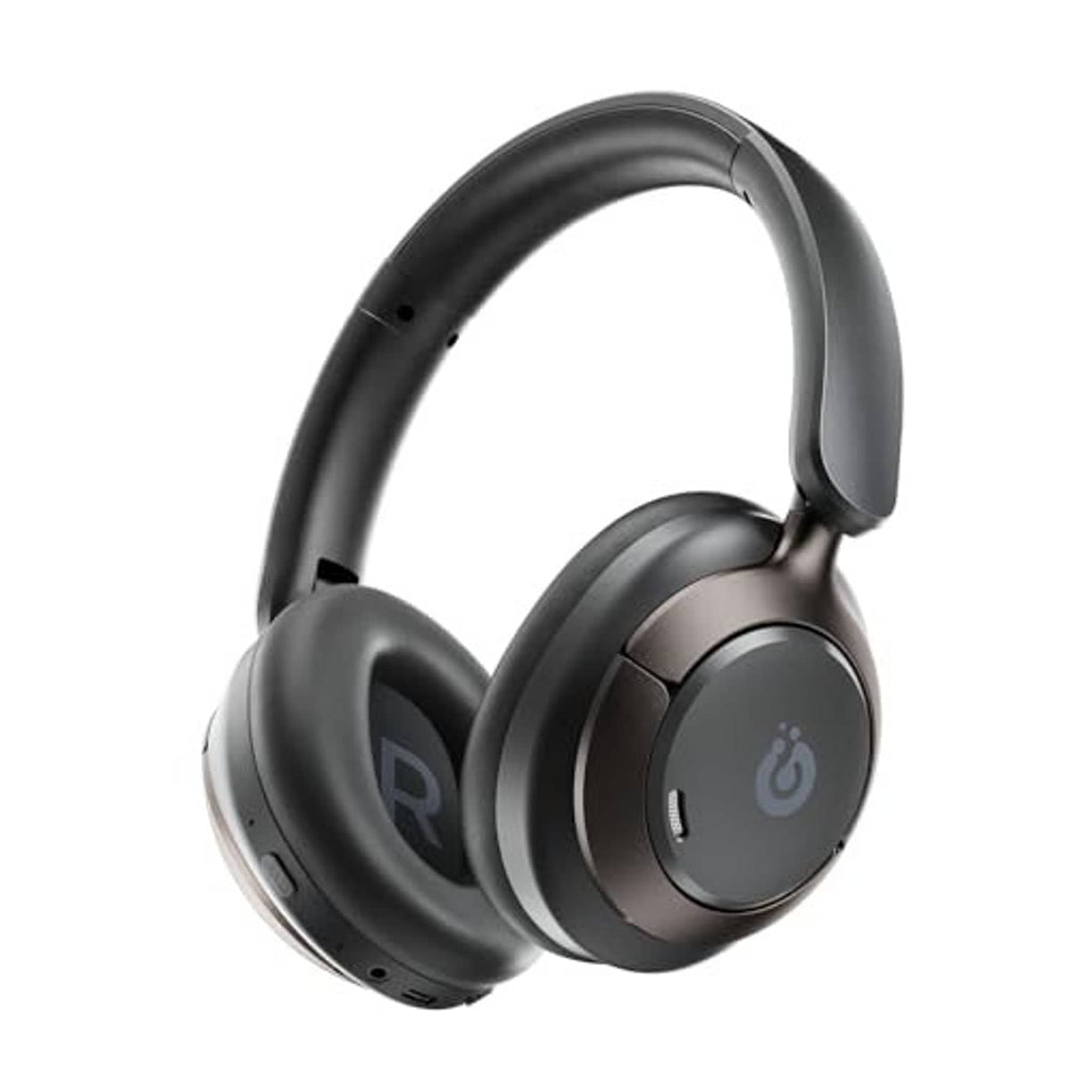 Black over-ear headphones with side control buttons and cushioned ear cushions