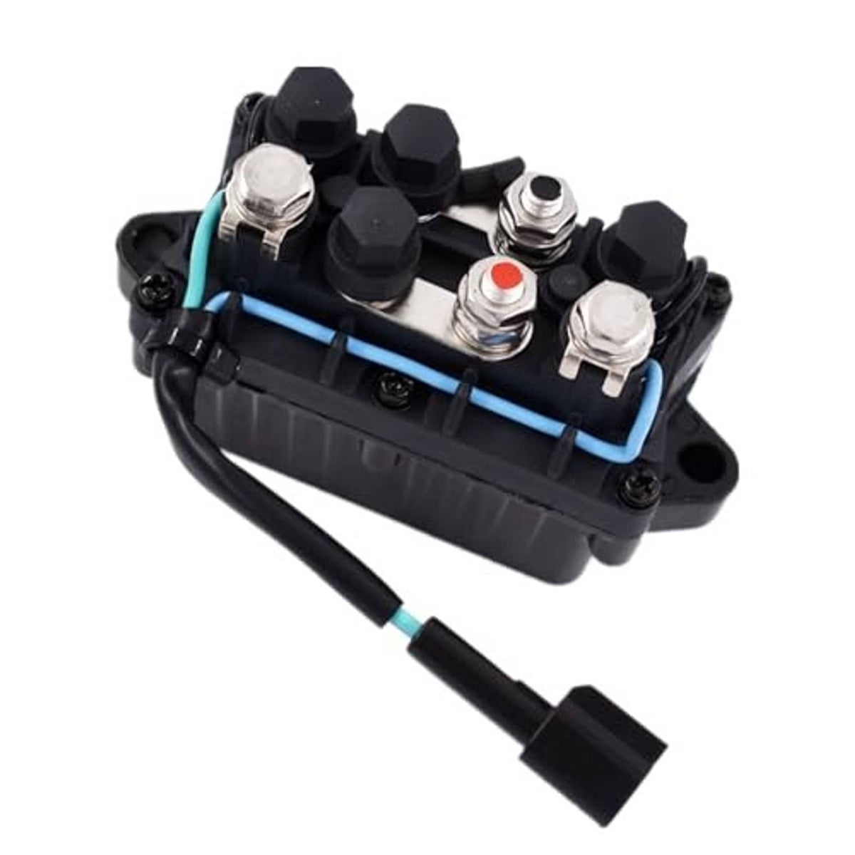 Black tilt-trim relay base with four metal posts and blue wire leads