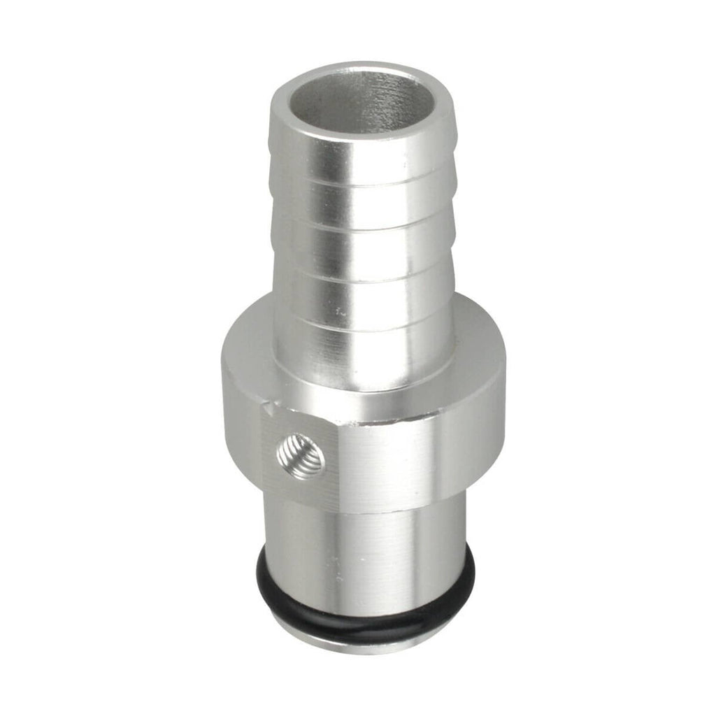 Silver hose barb adapter with black sealing ring and threaded mounting hole