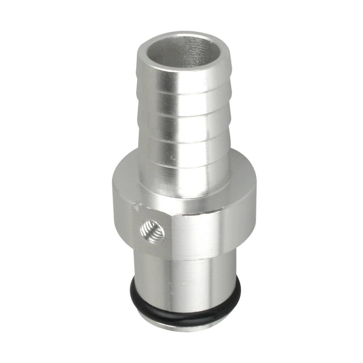Silver hose barb adapter with black sealing ring and threaded mounting hole