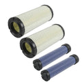 Air filter set with two white pleated and two blue mesh cylindrical filters