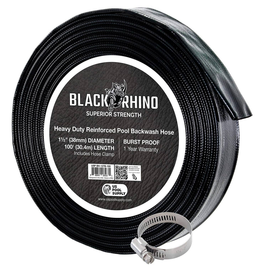 Black backwash hose coil with included stainless hose clamp