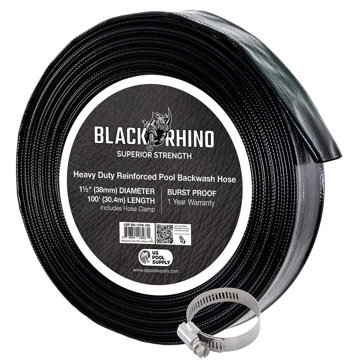 Black backwash hose coil with included stainless hose clamp